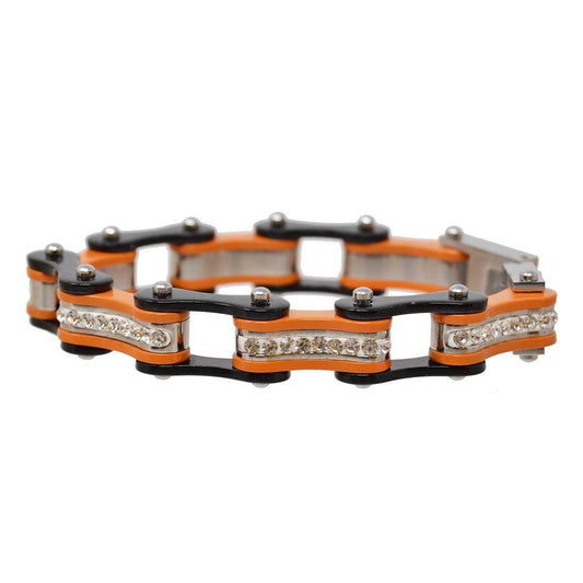 Two Tone Black and Orange Ladies Bike Chain Bracelet with White Crystal Centers