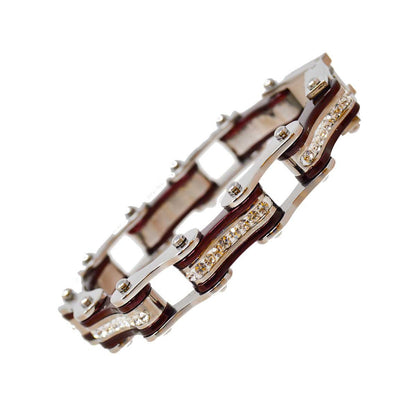 Two Tone Silver and Candy Red Ladies Bike Chain Bracelet with White Crystal Centers