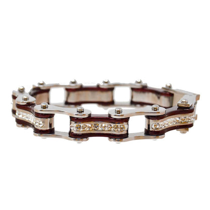 Two Tone Silver and Candy Red Ladies Bike Chain Bracelet with White Crystal Centers