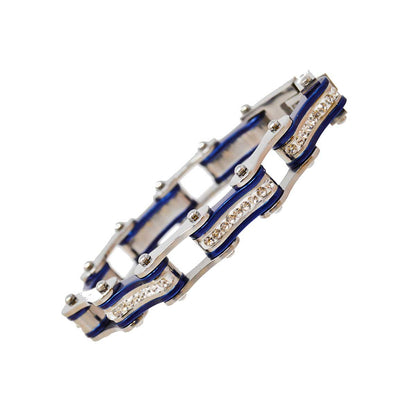 Two Tone Silver and Candy Blue Ladies Bike Chain Bracelet with White Crystal Centers