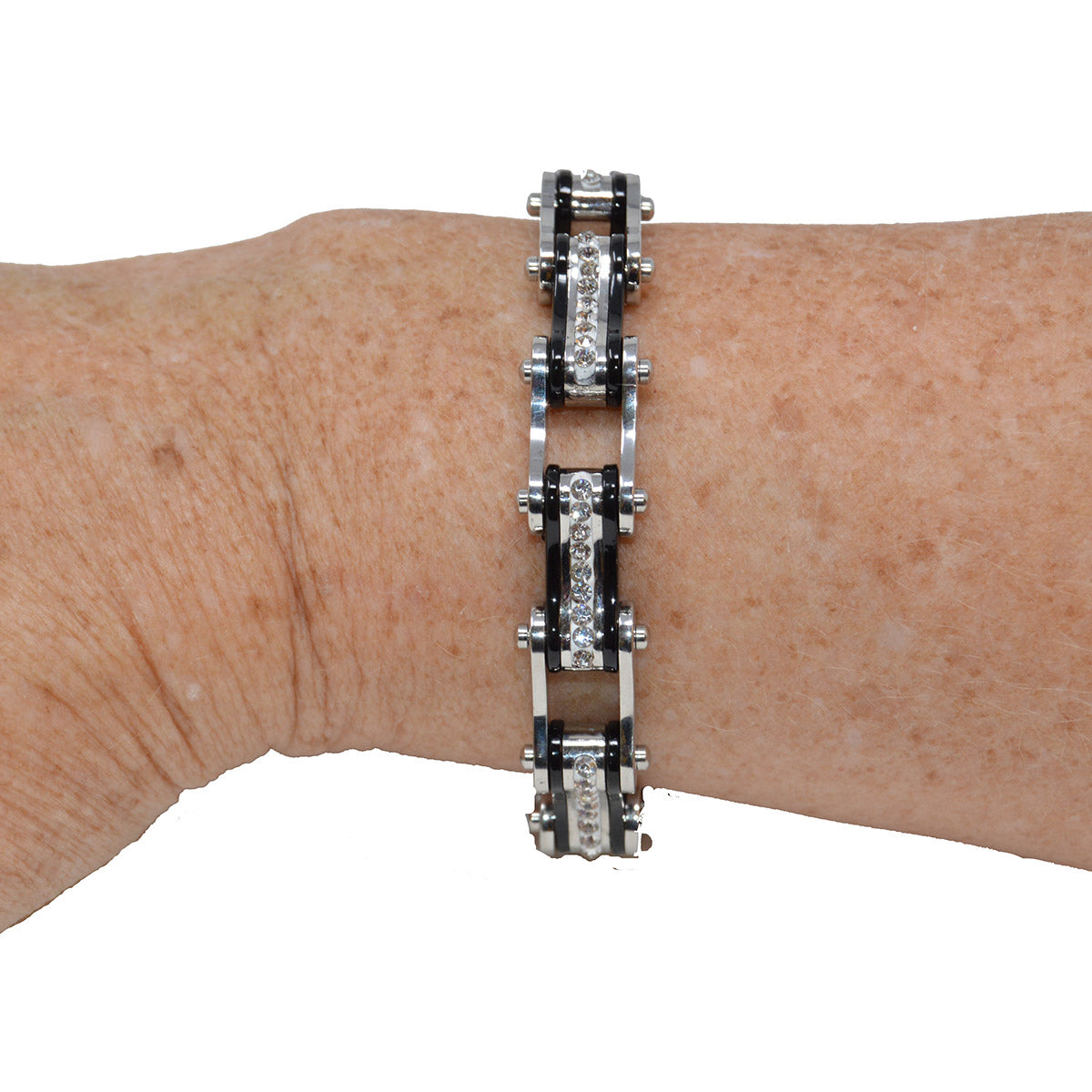 Two Tone Silver and Black Bike Chain Bracelet with White Crystal Centers