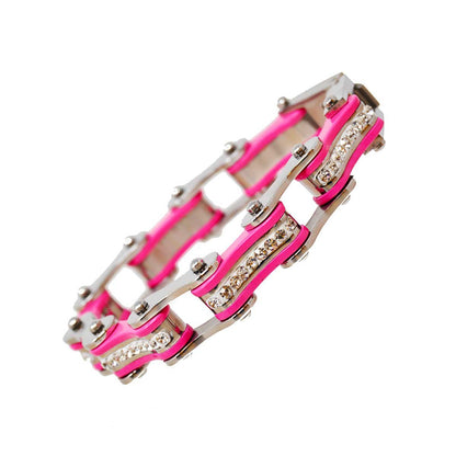 Two Tone Silver and Pink Ladies Bike Chain Bracelet with White Crystal Centers