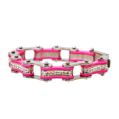 Two Tone Silver and Pink Ladies Bike Chain Bracelet with White Crystal Centers