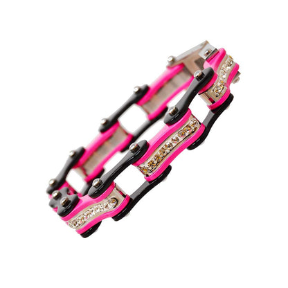Two Tone Black and Pink Ladies Bike Chain Bracelet with White Crystal Centers
