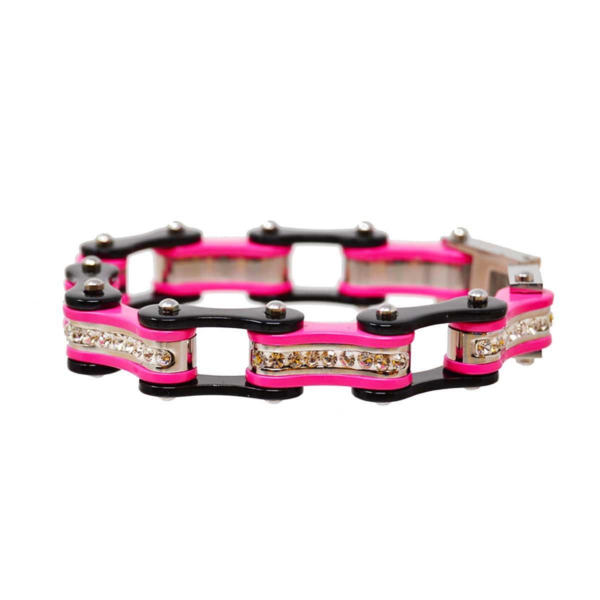Two Tone Black and Pink Ladies Bike Chain Bracelet with White Crystal Centers