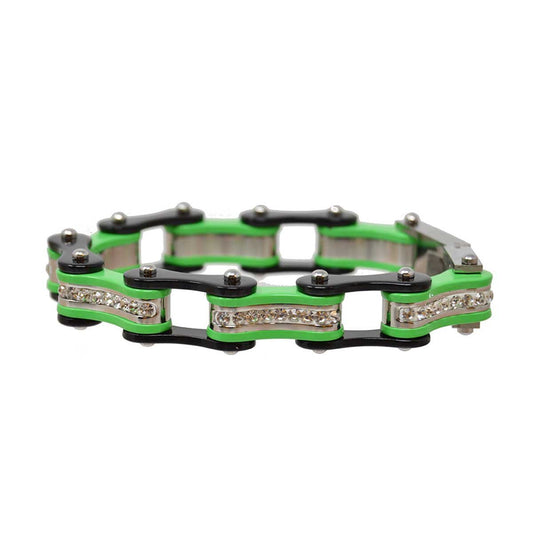 Two Tone Black and Lime Green Ladies Bike Chain Bracelet with White Crystal Centers
