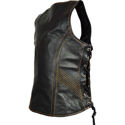 Vance Women's Lace Side Zipper Pocket Premium Cowhide Leather Biker Vest