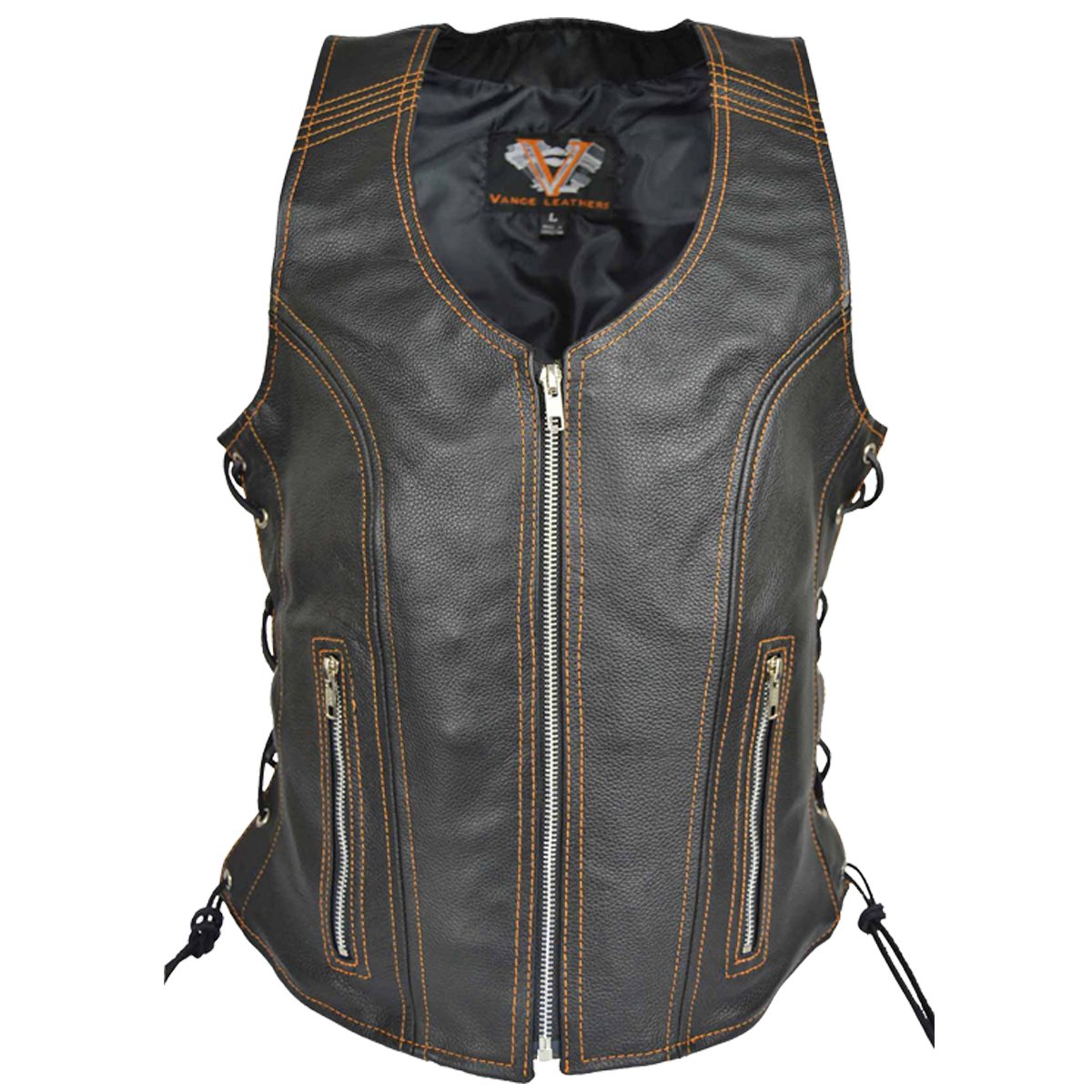 Vance Women's Lace Side Zipper Pocket Premium Cowhide Leather Biker Vest