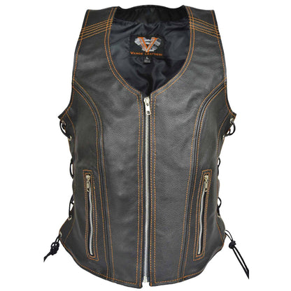 Vance Women's Lace Side Zipper Pocket Premium Cowhide Leather Biker Vest