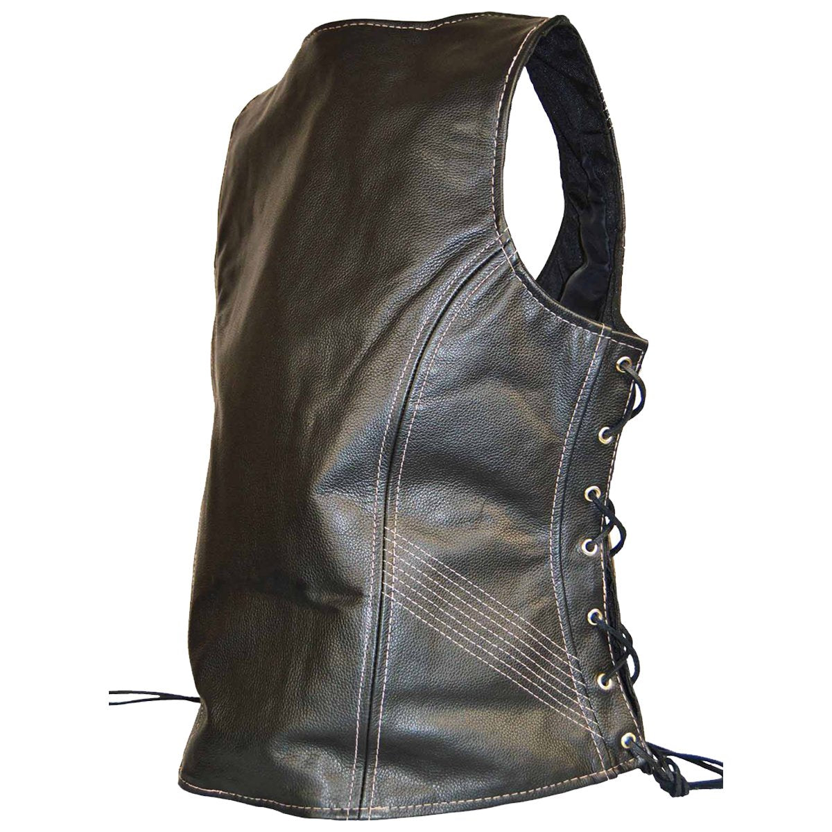 Vance Women's Lace Side Zipper Pocket Premium Cowhide Leather Biker Vest