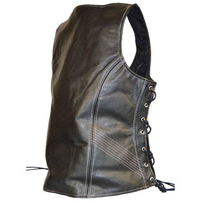 Vance Women's Lace Side Zipper Pocket Premium Cowhide Leather Biker Vest
