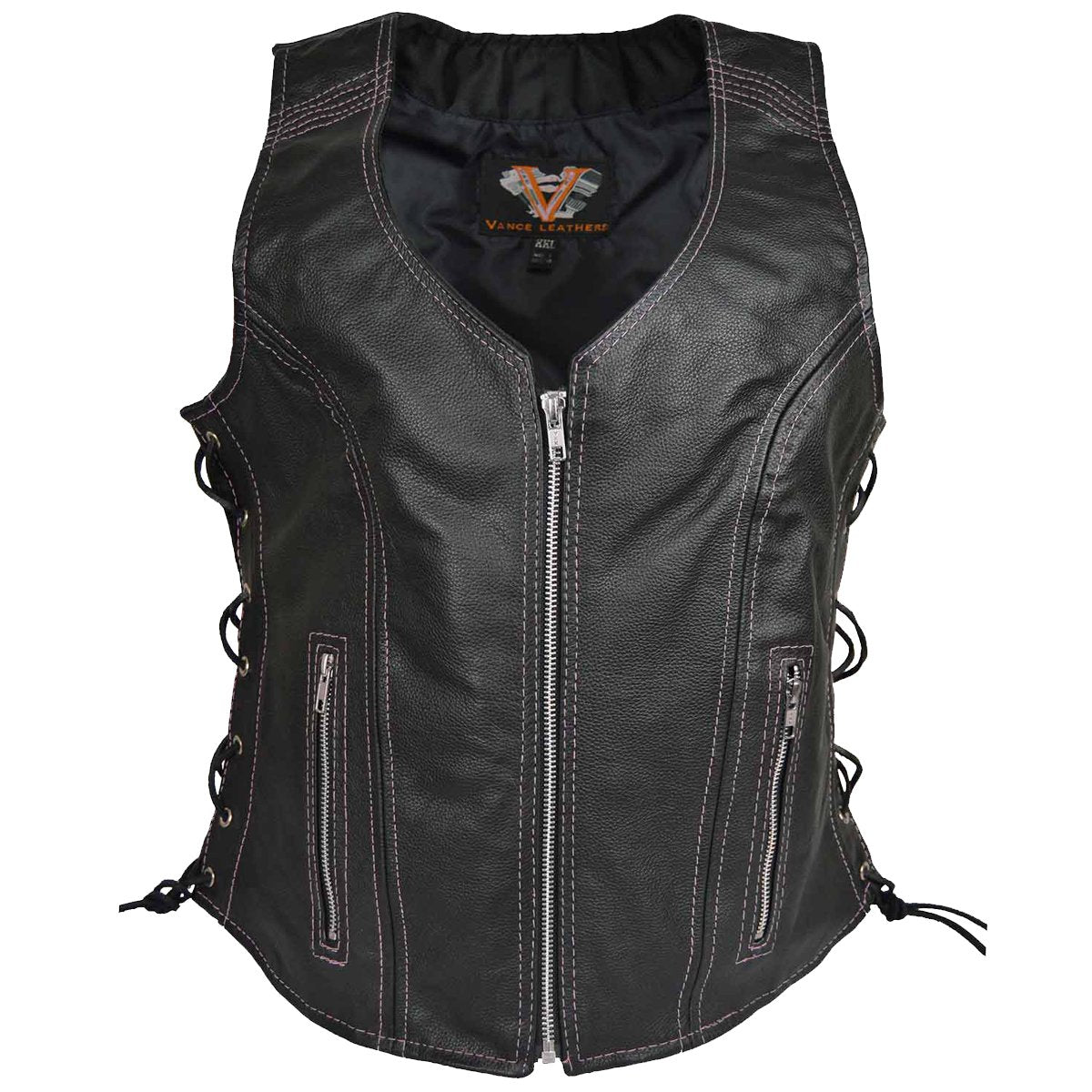 Vance Women's Lace Side Zipper Pocket Premium Cowhide Leather Biker Vest