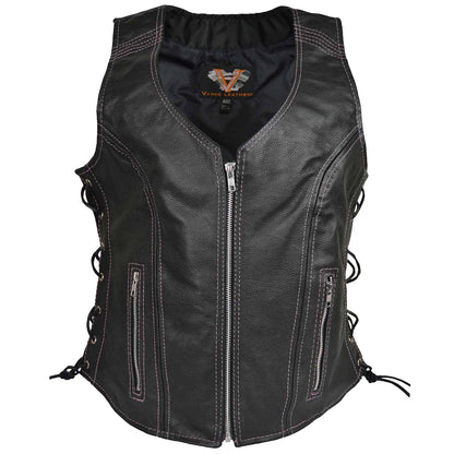 Vance Women's Lace Side Zipper Pocket Premium Cowhide Leather Biker Vest