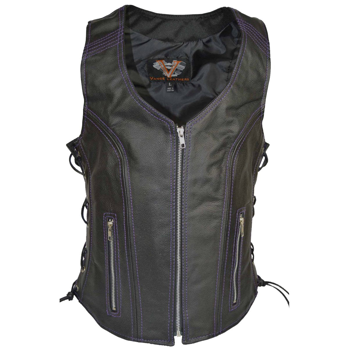 Vance Women's Lace Side Zipper Pocket Premium Cowhide Leather Biker Vest