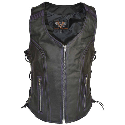 Vance Women's Lace Side Zipper Pocket Premium Cowhide Leather Biker Vest