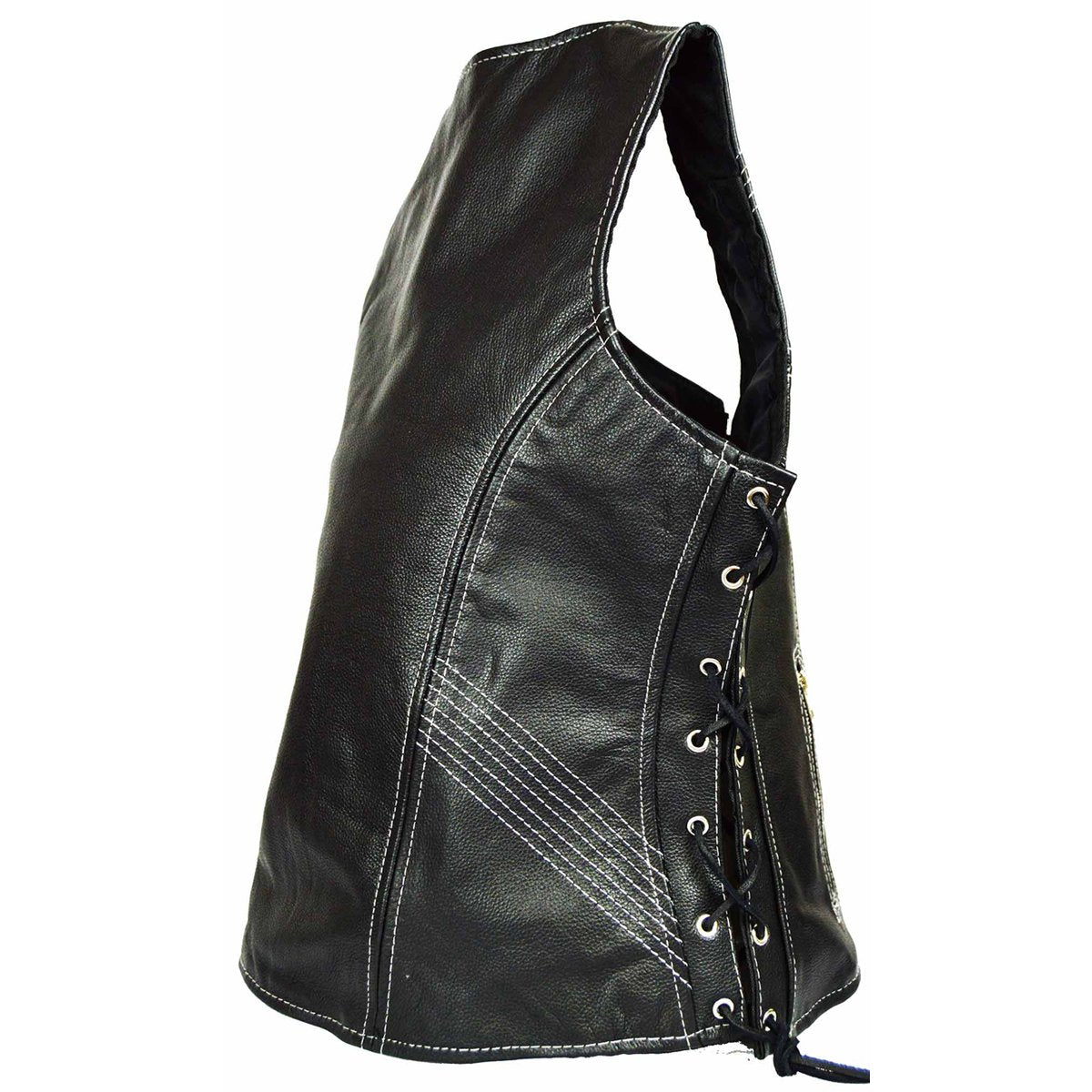 Vance Women's Lace Side Zipper Pocket Premium Cowhide Leather Biker Vest