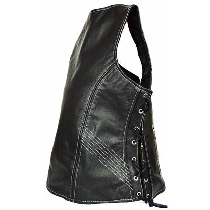 Vance Women's Lace Side Zipper Pocket Premium Cowhide Leather Biker Vest
