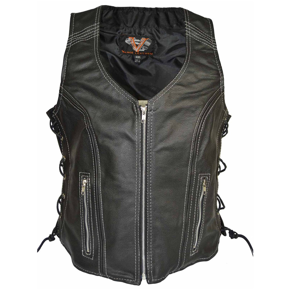 Vance Women's Lace Side Zipper Pocket Premium Cowhide Leather Biker Vest