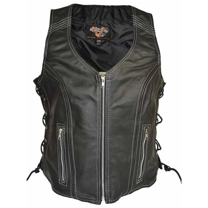Vance Women's Lace Side Zipper Pocket Premium Cowhide Leather Biker Vest