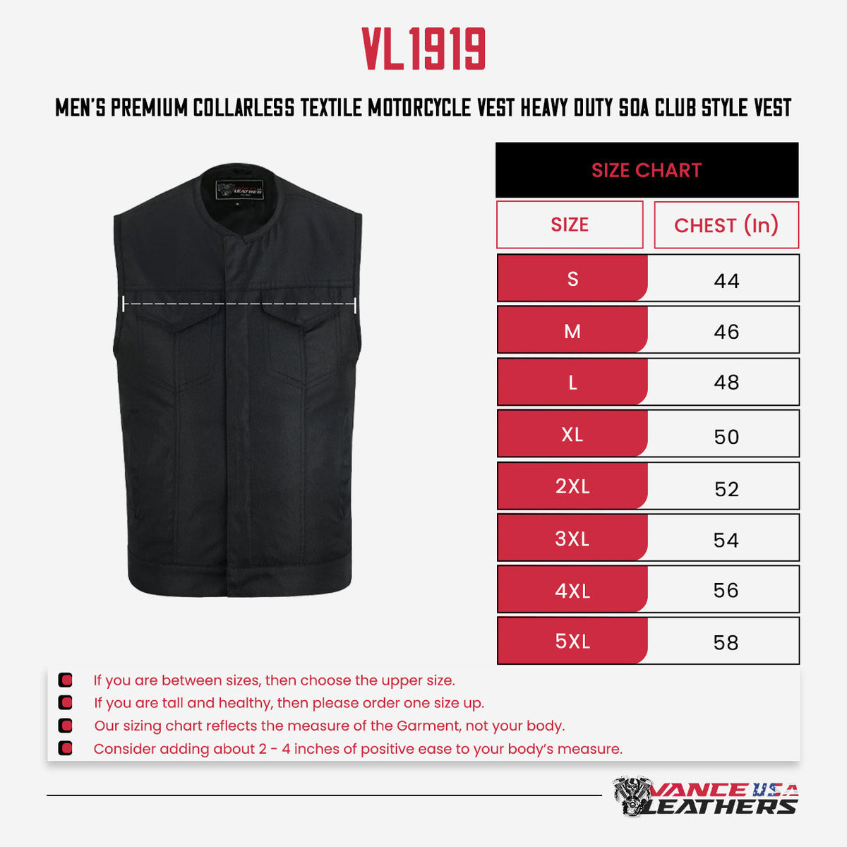 Mens Premium Collarless Textile Motorcycle Vest Heavy Duty SOA Club Style Vest w/ Front Zipper and Snap Closure