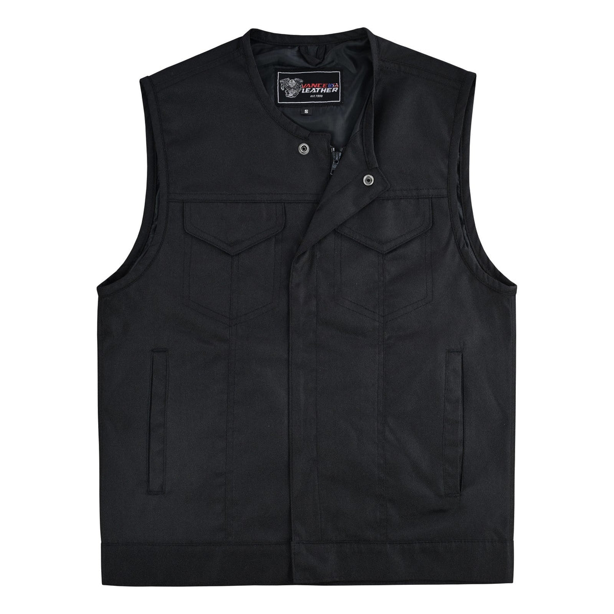 Mens Premium Collarless Textile Motorcycle Vest Heavy Duty SOA Club Style Vest w/ Front Zipper and Snap Closure