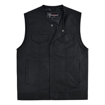 Mens Premium Collarless Textile Motorcycle Vest Heavy Duty SOA Club Style Vest w/ Front Zipper and Snap Closure