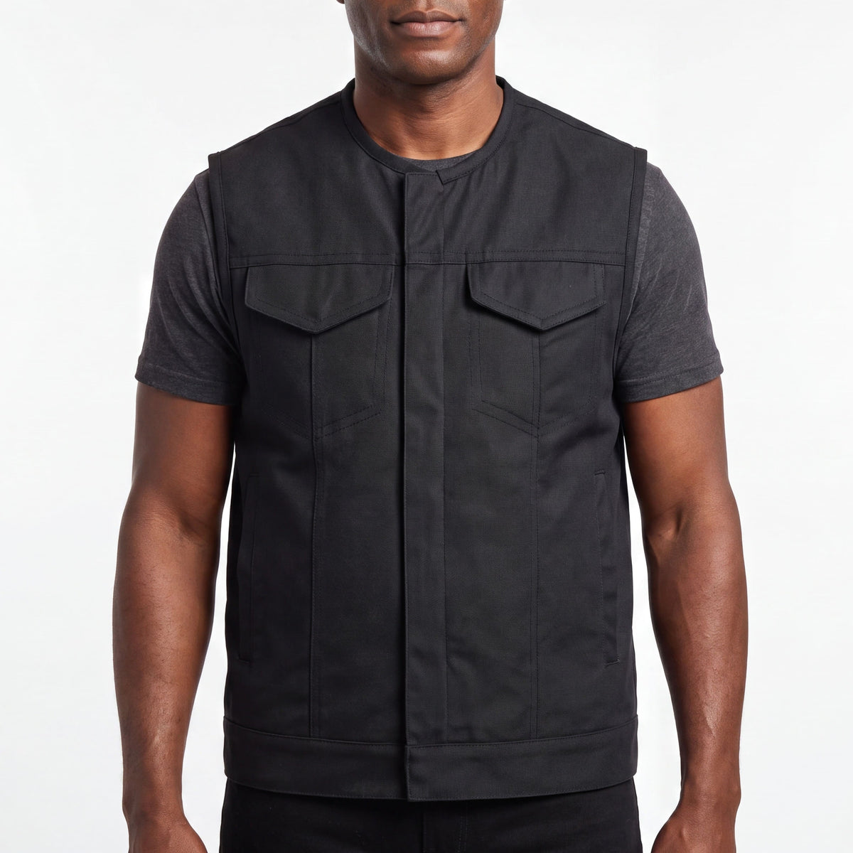 Mens Premium Collarless Textile Motorcycle Vest Heavy Duty SOA Club Style Vest w/ Front Zipper and Snap Closure