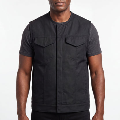 Mens Premium Collarless Textile Motorcycle Vest Heavy Duty SOA Club Style Vest w/ Front Zipper and Snap Closure