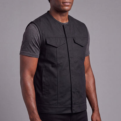 Mens Premium Collarless Textile Motorcycle Vest Heavy Duty SOA Club Style Vest w/ Front Zipper and Snap Closure