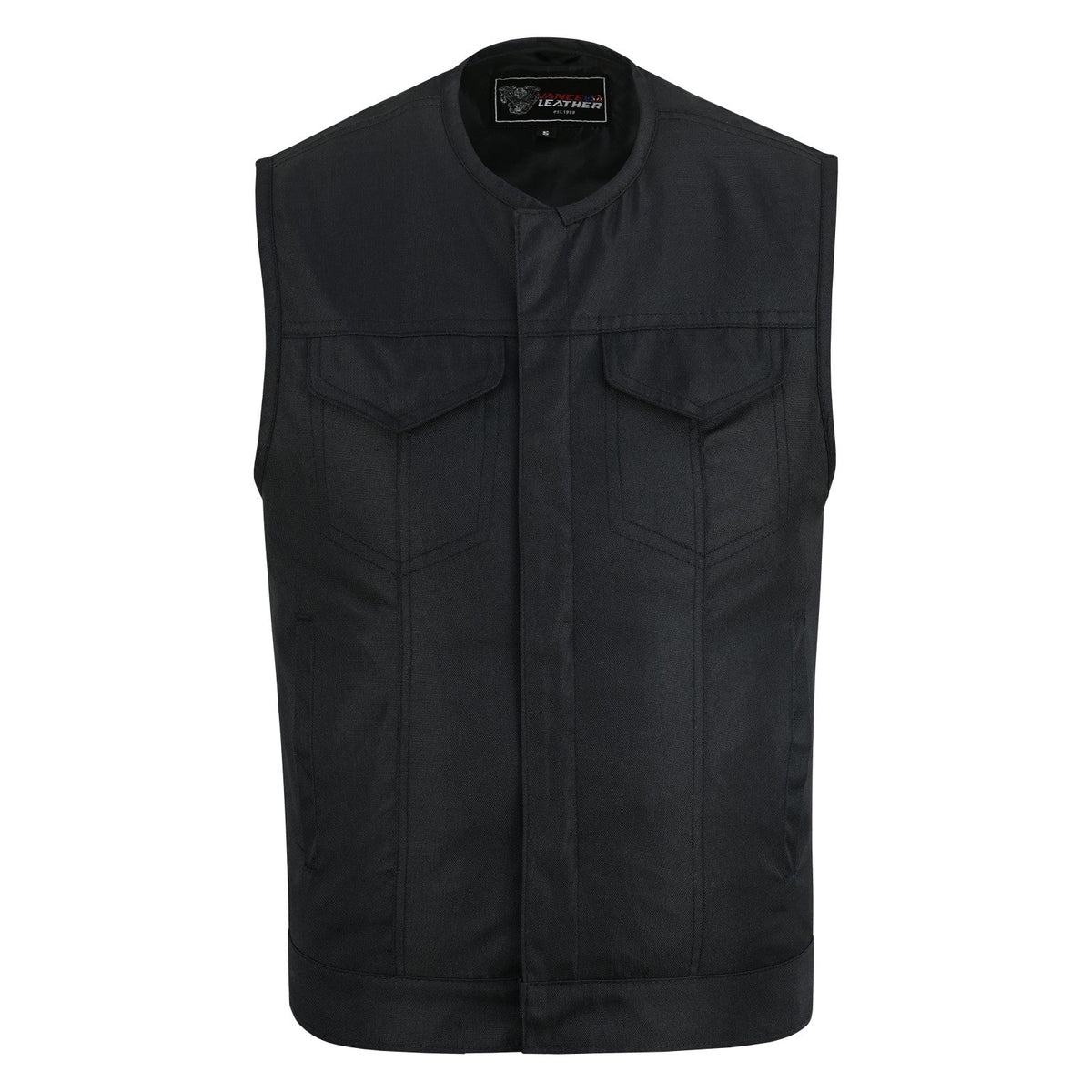 Mens Premium Collarless Textile Motorcycle Vest Heavy Duty SOA Club Style Vest w/ Front Zipper and Snap Closure