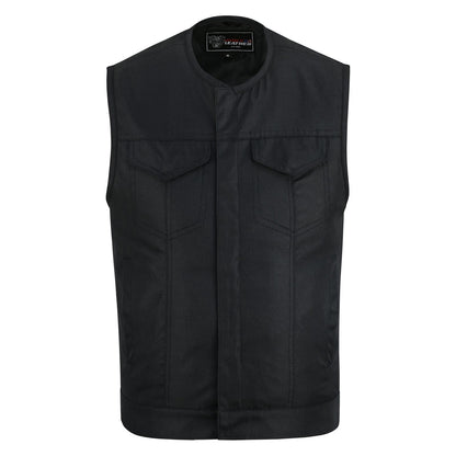 Mens Premium Collarless Textile Motorcycle Vest Heavy Duty SOA Club Style Vest w/ Front Zipper and Snap Closure