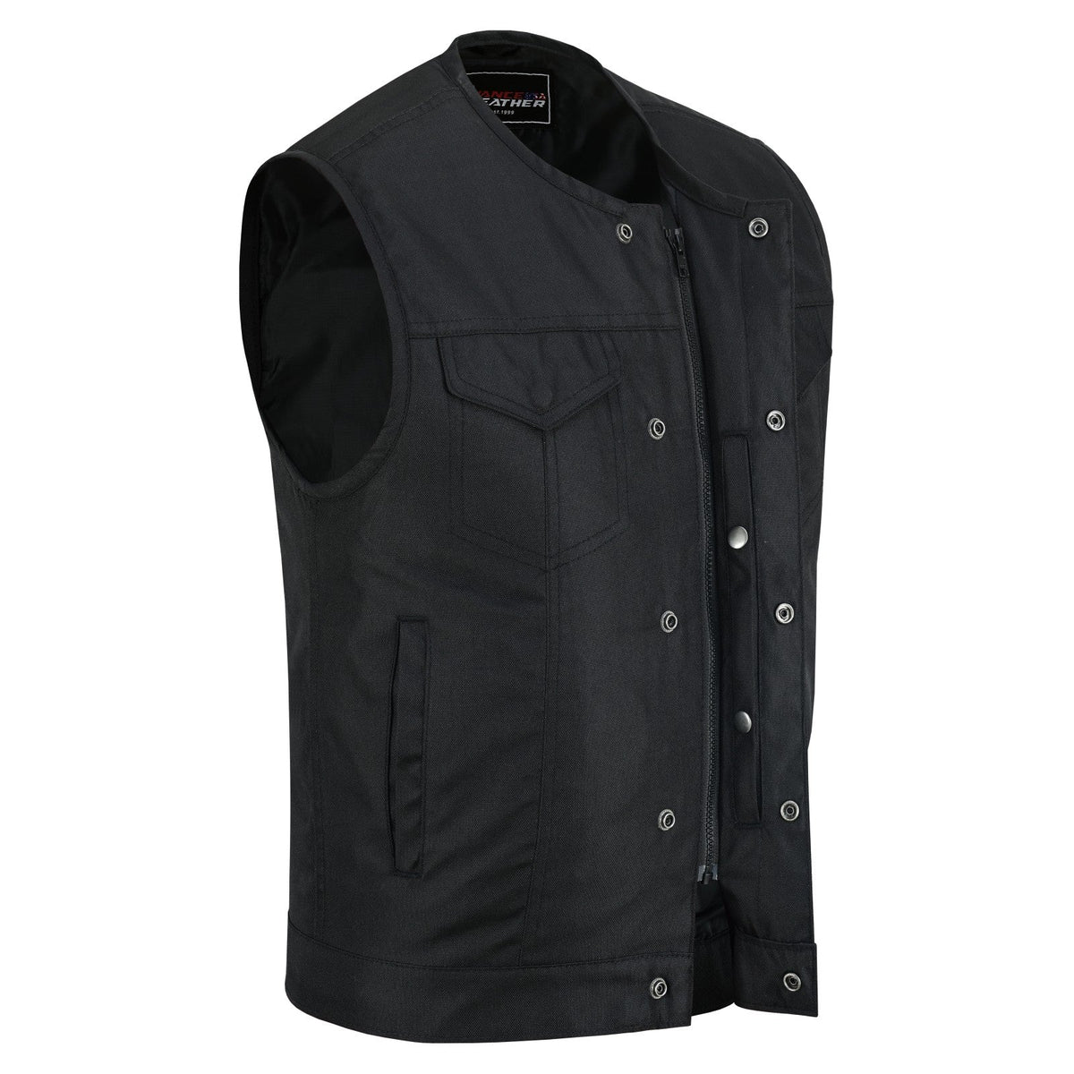 Mens Premium Collarless Textile Motorcycle Vest Heavy Duty SOA Club Style Vest w/ Front Zipper and Snap Closure