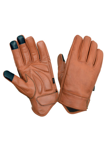 Vance Men’s Premium Brown Leather Motorcycle Gloves, Riding Gloves w/ Gel Palm Padding & Touchscreen Fingertips