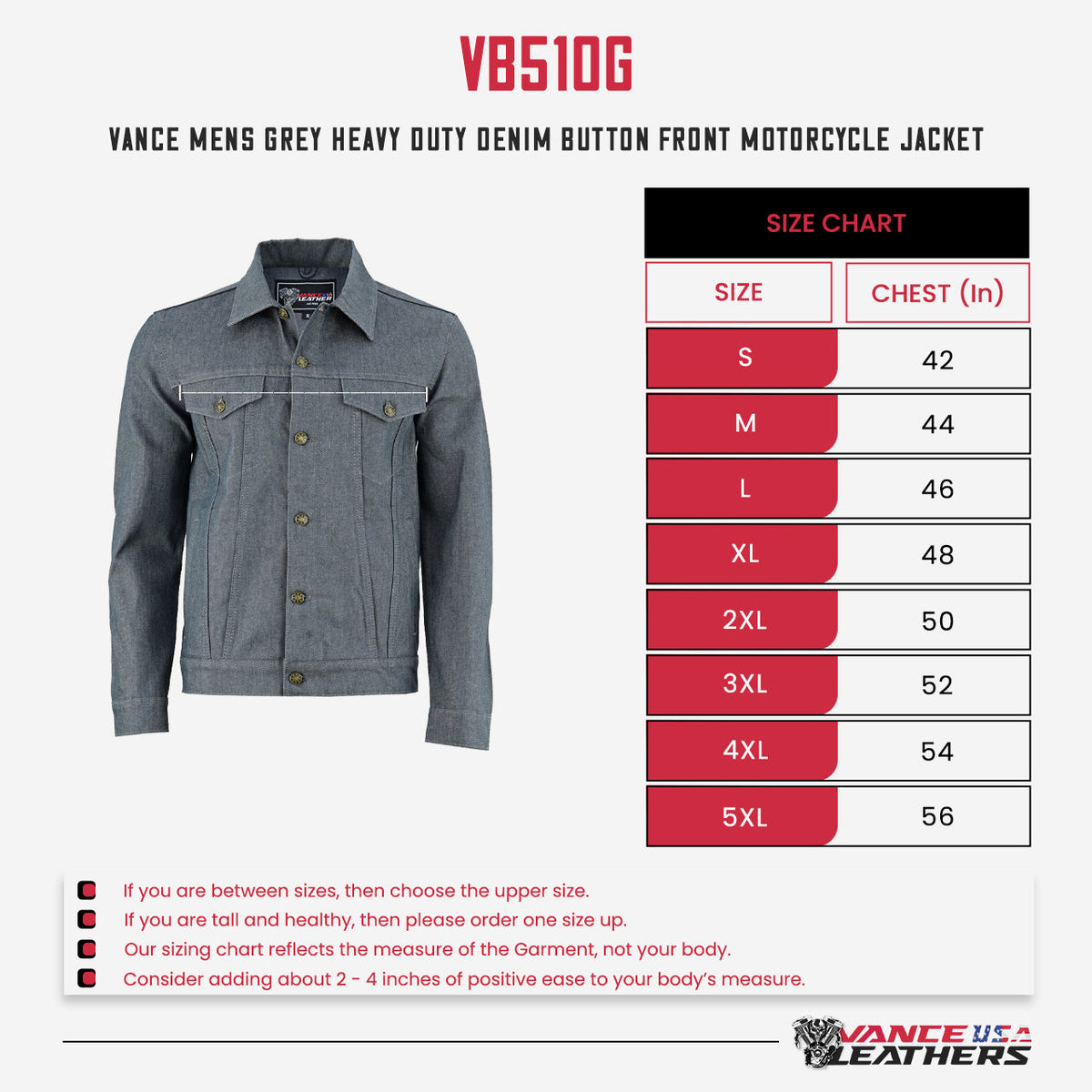 Vance Mens Grey Heavy Duty Denim Button Front Motorcycle Jacket, Jean Jacket for Men