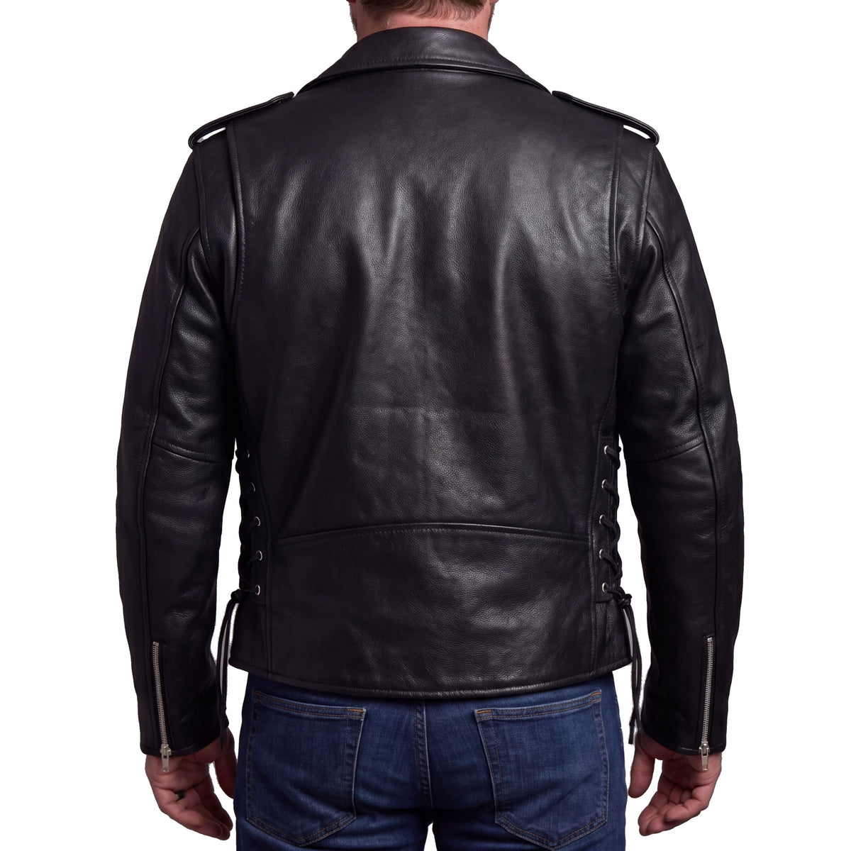 Men's Premium Classic Police Style Motorcycle Black Leather Jacket w/ Conceal Carry, Side lace and Removeable Quilted Liner