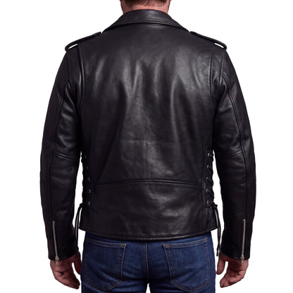 Men's Premium Classic Police Style Motorcycle Black Leather Jacket w/ Conceal Carry, Side lace and Removeable Quilted Liner
