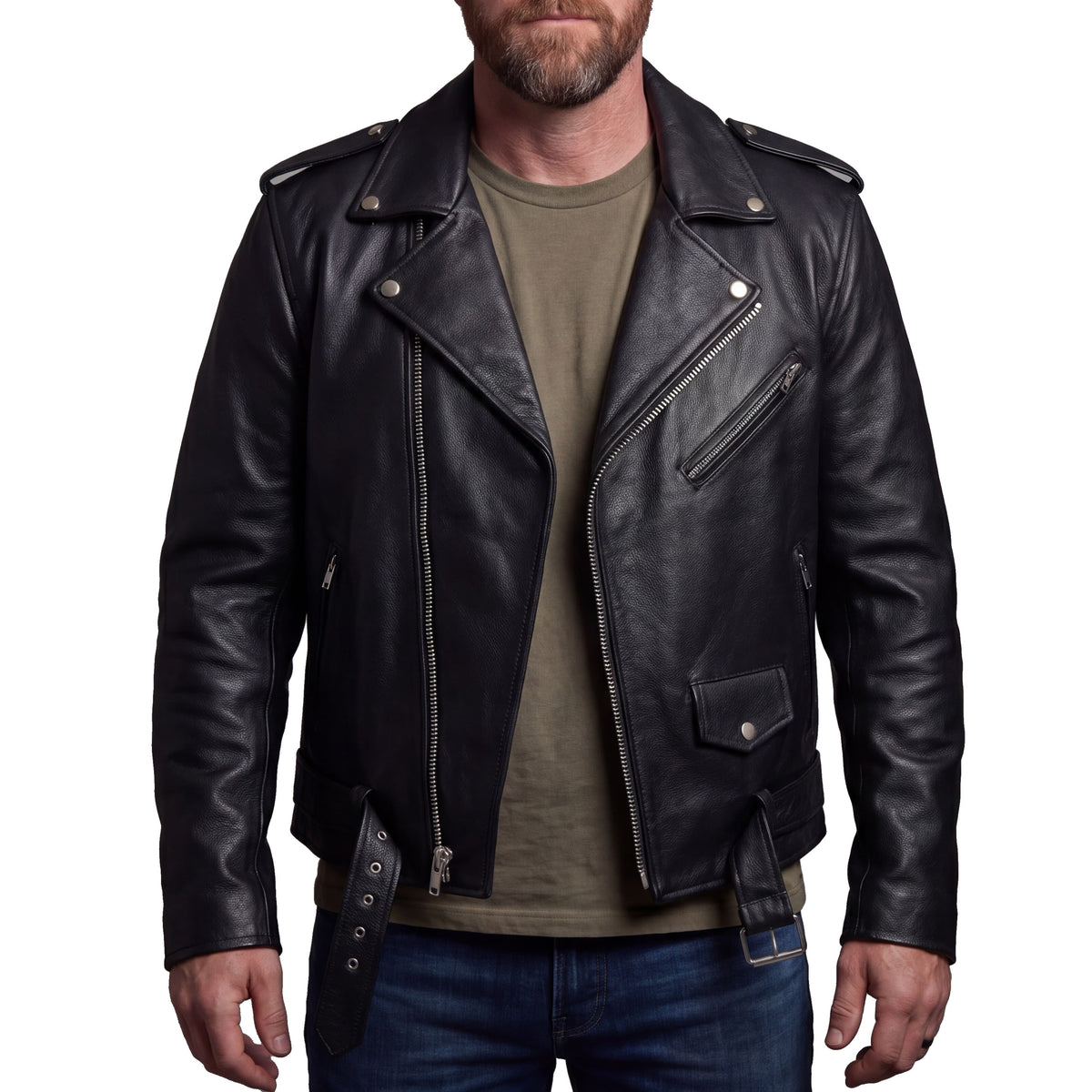 Men's Premium Classic Police Style Motorcycle Black Leather Jacket w/ Conceal Carry, Side lace and Removeable Quilted Liner