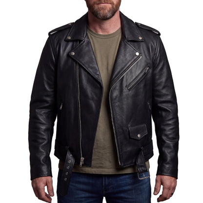 Men's Premium Classic Police Style Motorcycle Black Leather Jacket w/ Conceal Carry, Side lace and Removeable Quilted Liner