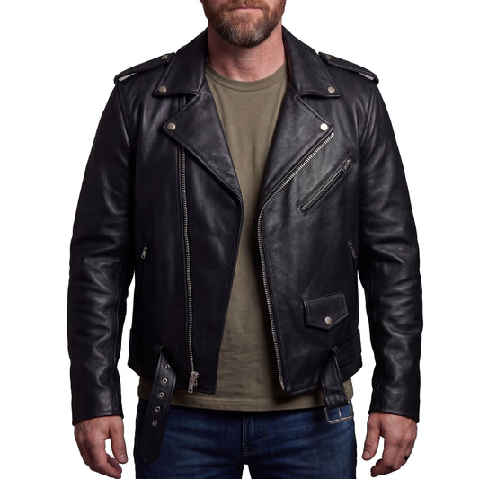 Men's Premium Classic Police Style Motorcycle Black Leather Jacket w/ Conceal Carry, Side lace and Removeable Quilted Liner