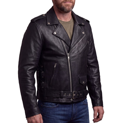 Men's Premium Classic Police Style Motorcycle Black Leather Jacket w/ Conceal Carry, Side lace and Removeable Quilted Liner