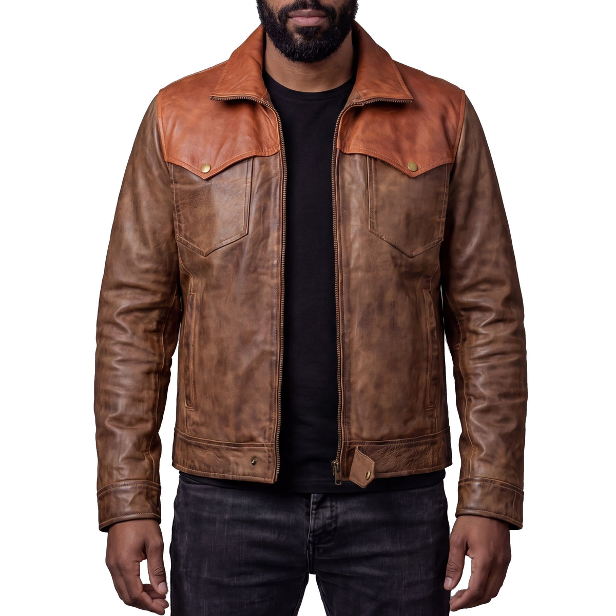 Men's Western Waxed Two-Tone Austin Brown Leather Jacket
