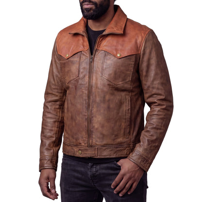 Men's Western Waxed Two-Tone Austin Brown Leather Jacket