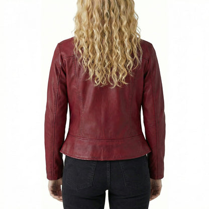 Vance Leathers 'Maya' Ladies Premium Soft Lightweight Burgundy Fitted Motorcycle Leather Jacket