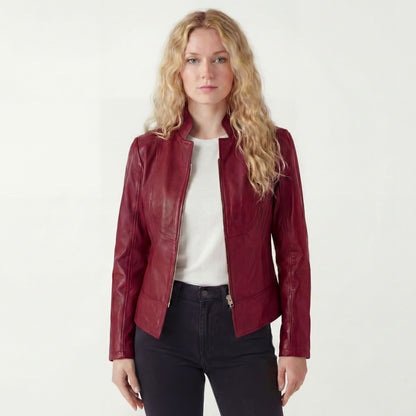 Vance Leathers 'Maya' Ladies Premium Soft Lightweight Burgundy Fitted Motorcycle Leather Jacket