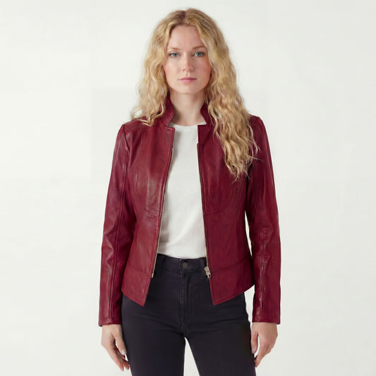 Vance Leathers 'Maya' Ladies Premium Soft Lightweight Burgundy Fitted Motorcycle Leather Jacket