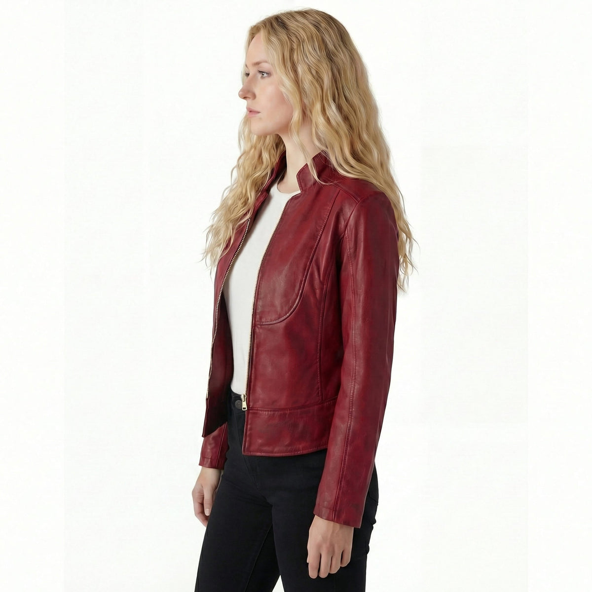 Vance Leathers 'Maya' Ladies Premium Soft Lightweight Burgundy Fitted Motorcycle Leather Jacket