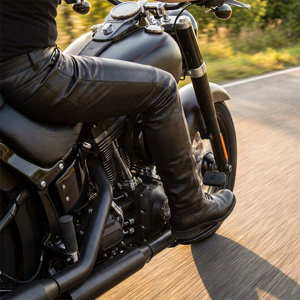 Rider in the leather motorcycle pants seated on a cruiser