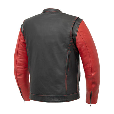 First Manufacturing Vincent - Men's Cafe Style Leather Jacket, Black/Red