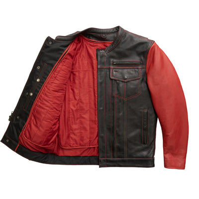 First Manufacturing Vincent - Men's Cafe Style Leather Jacket, Black/Red