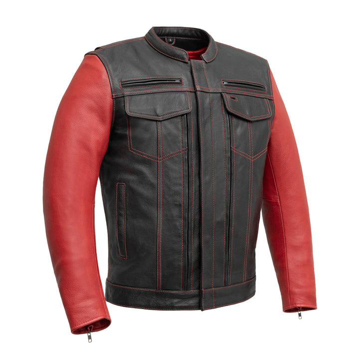First Manufacturing Vincent - Men's Cafe Style Leather Jacket, Black/Red